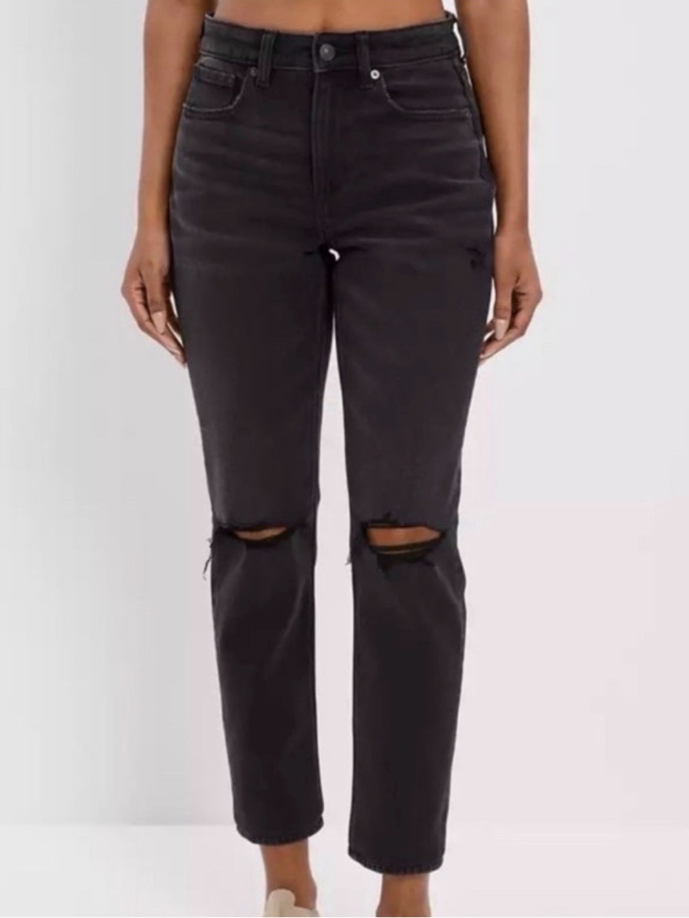 American Eagle Outfitters Black High-Rise Distressed Knee-Rip Jeans